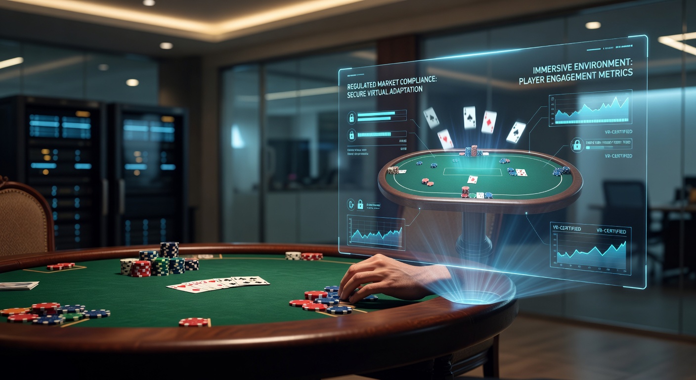 Virtual reality setup showing players engaging with a digital blackjack table in a simulated casino lounge
