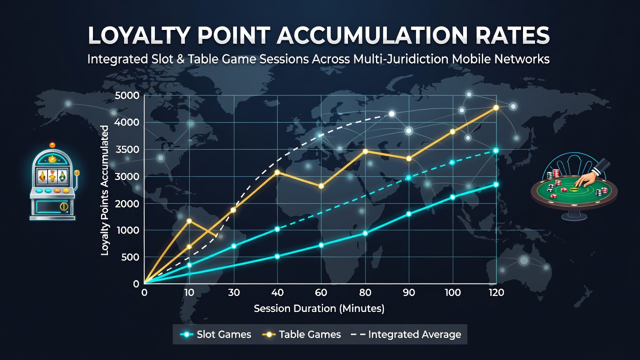 Mobile device displaying integrated slot and table game loyalty tracking interface across multiple jurisdictions