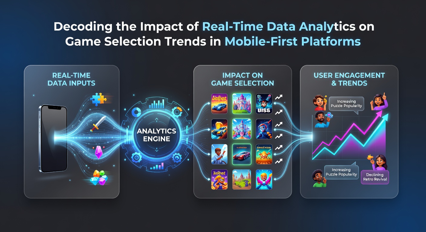 Analytics interface displaying mobile game performance graphs, user engagement heatmaps, and trending selection patterns across different device types