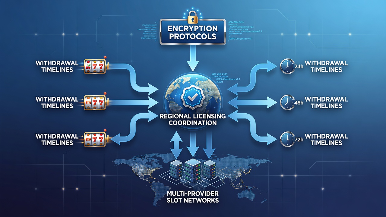 Network diagram showing encryption layers and licensing checkpoints across multi-provider slot platforms