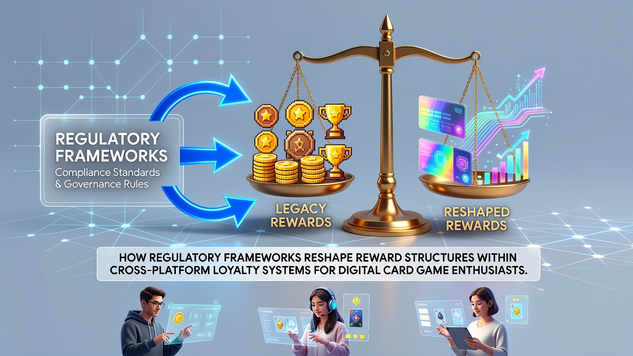 Cross-platform digital card game interface showing loyalty points and rewards dashboard across mobile and desktop devices