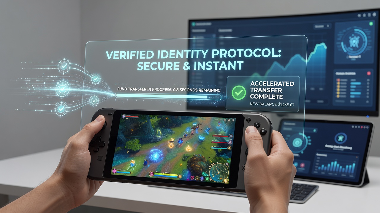 Secure portable gaming setup showing real-time fund transfer confirmation on a smartphone screen