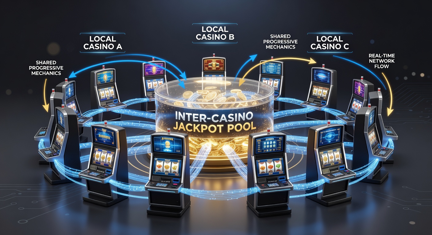 Digital network graphic showing interconnected casino icons with glowing jackpot pools linking multiple platforms