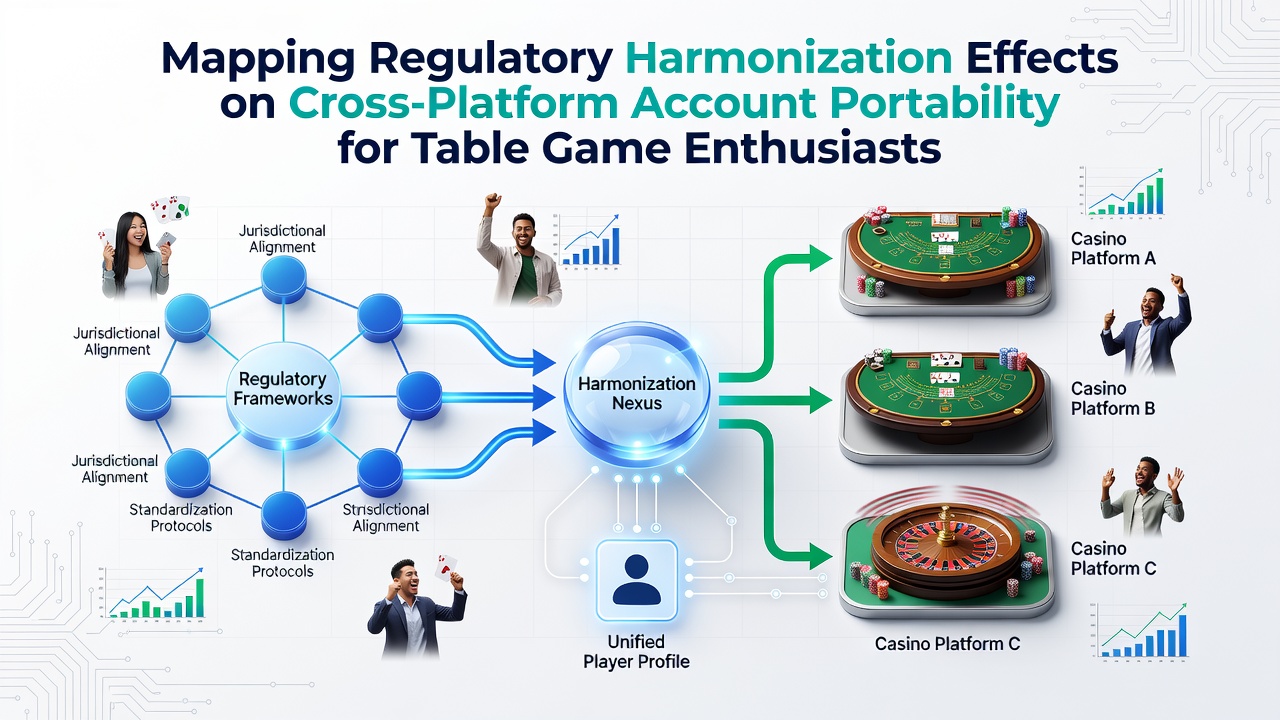 Regulatory harmonization mapping chart showing cross-platform account portability pathways across jurisdictions for table game platforms