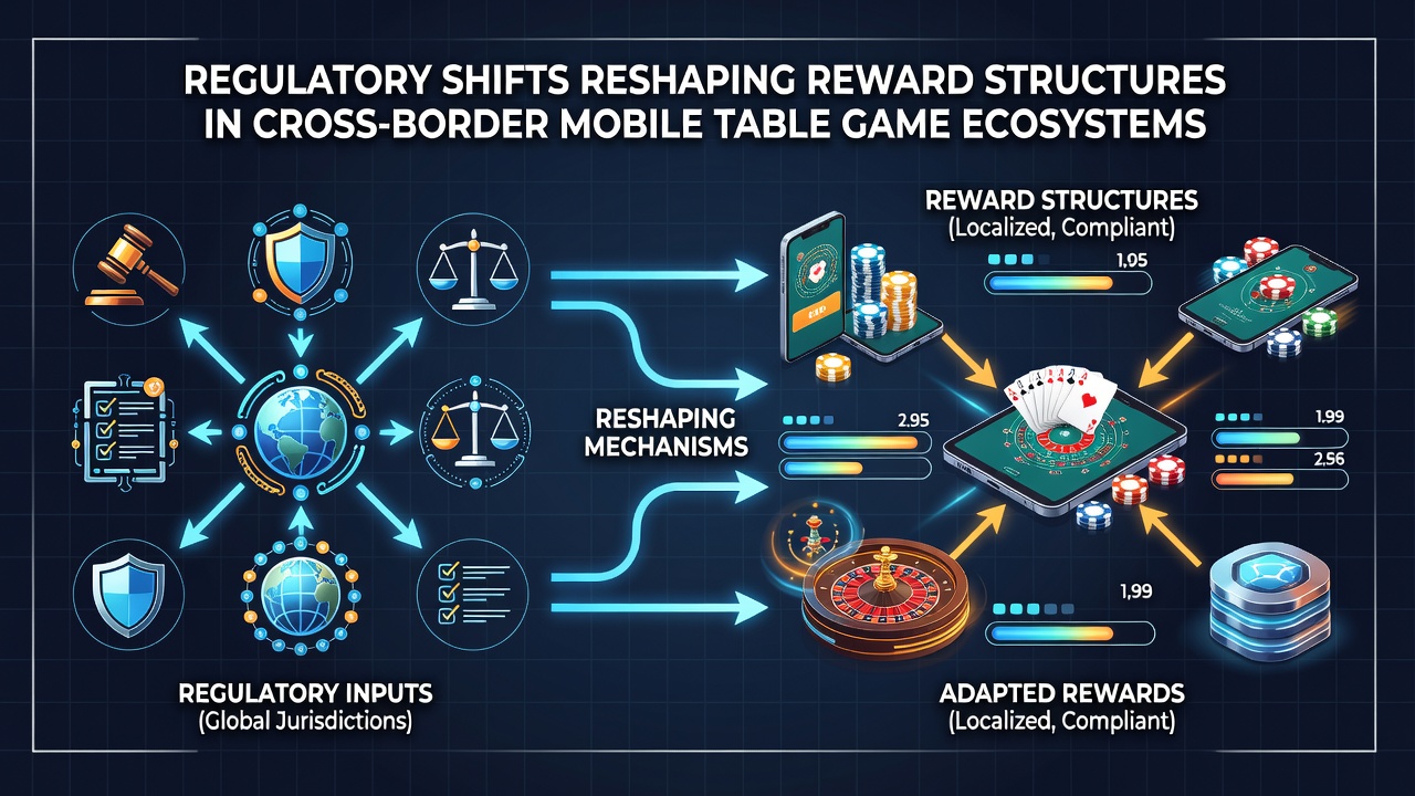 Mobile device showing table game interface alongside regulatory compliance icons and reward balance breakdowns