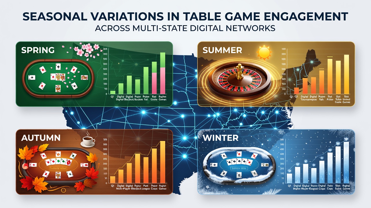 Graph displaying monthly engagement trends for digital table games in multi-state networks from 2024 through mid-2026