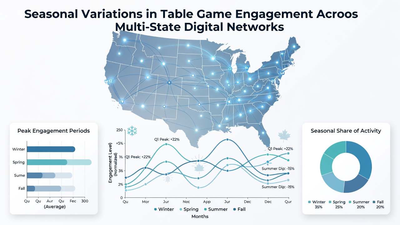 Illustration of players engaging with digital table games on mobile devices during different seasons