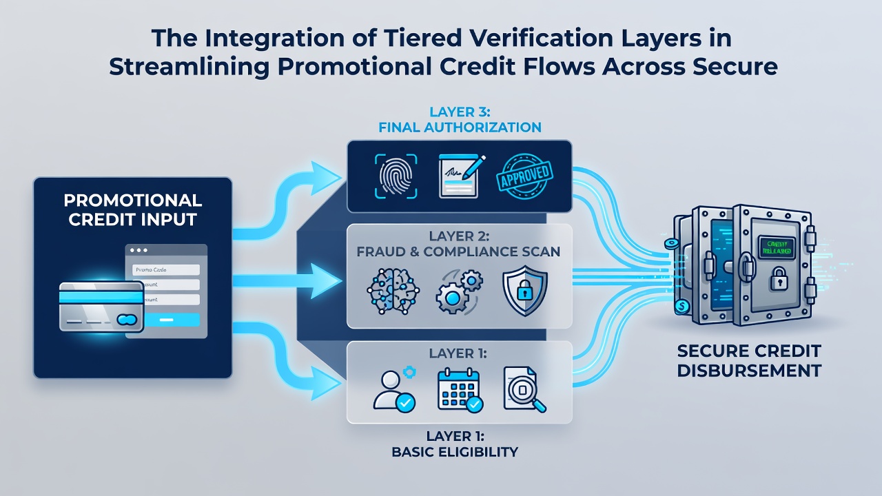 Flow diagram of tiered verification layers processing promotional credits on mobile networks