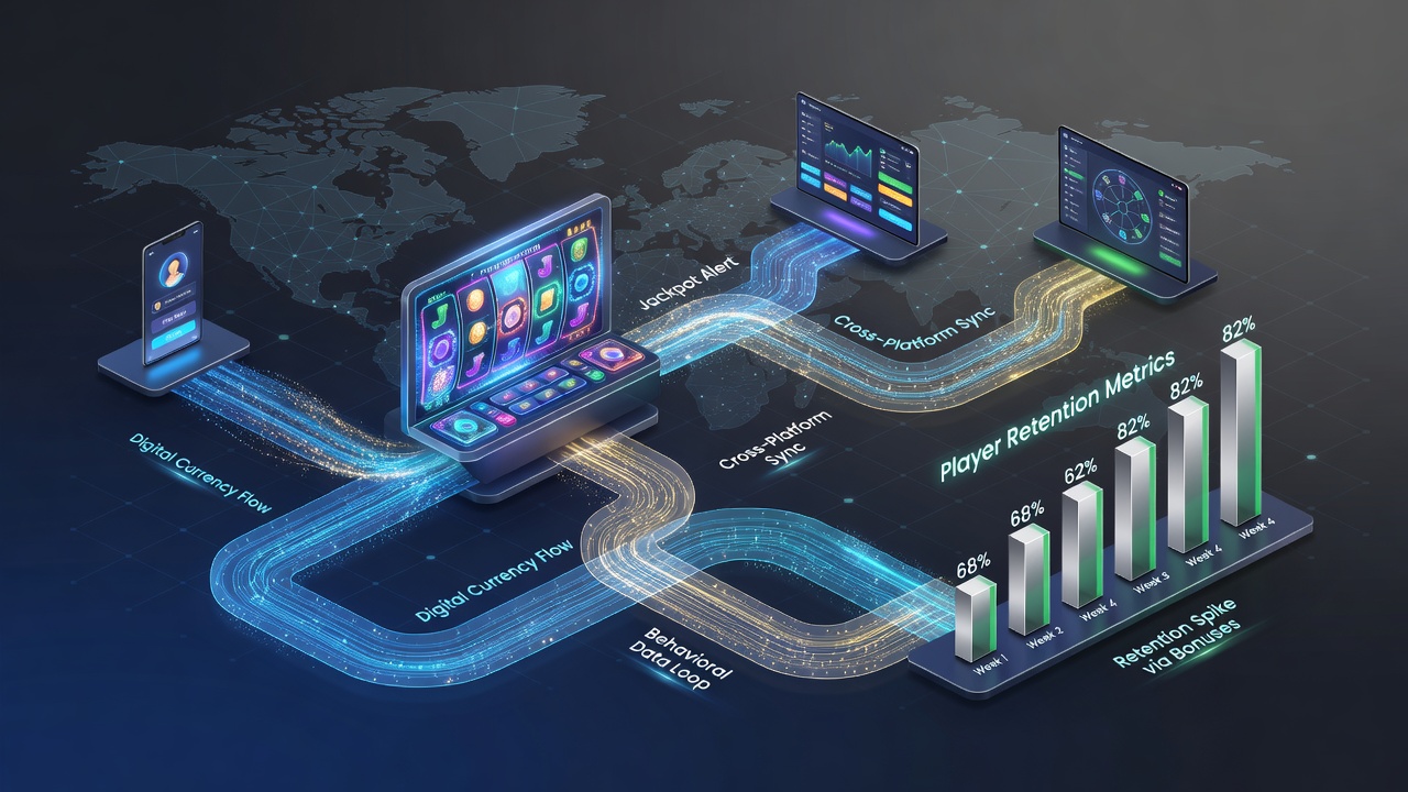 Digital currency transaction flows visualized across interconnected slot gaming platforms with network nodes and retention data overlays