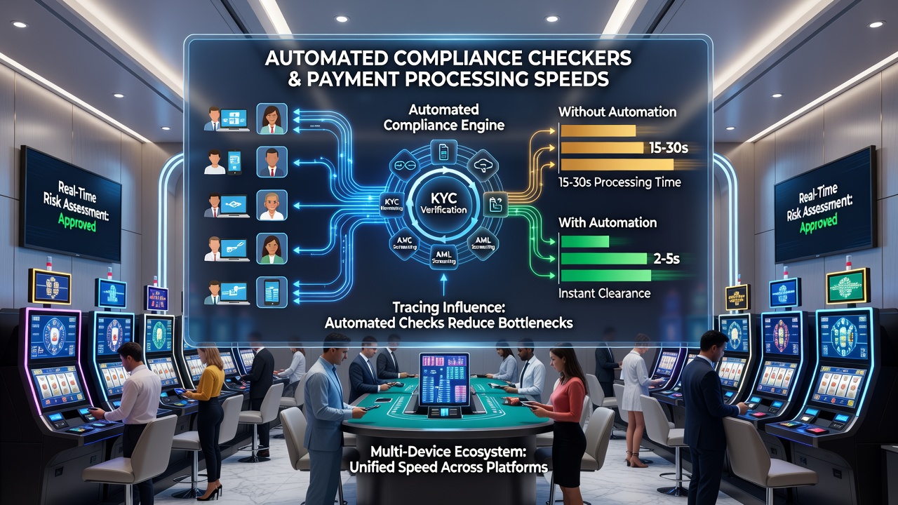 Flowchart illustrating payment processing timeline differences between mobile, desktop, and tablet casino transactions under automated compliance review